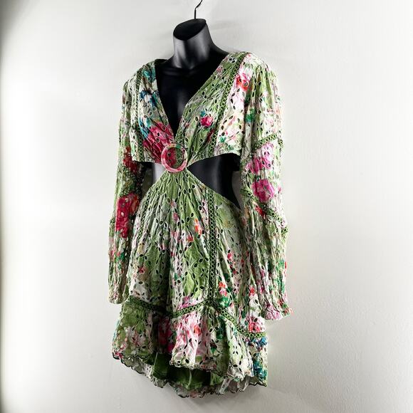 Hemant & Nandita Zaira Eyelet Floral Long Sleeve Mini Cut Out Dress Green XL - Picture 5 of 7